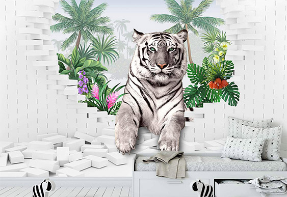 Fototapet cu efect 3D - Tigru și cărămizi albe
