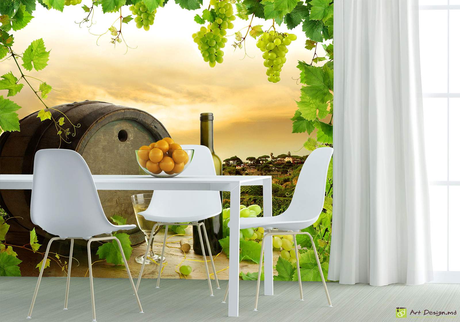 Фотообои на кухню - Бочка с вином и виноградник