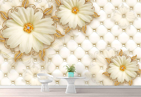 Fototapet cu efect 3D - Flori de mușețel pe fundalul unei piele