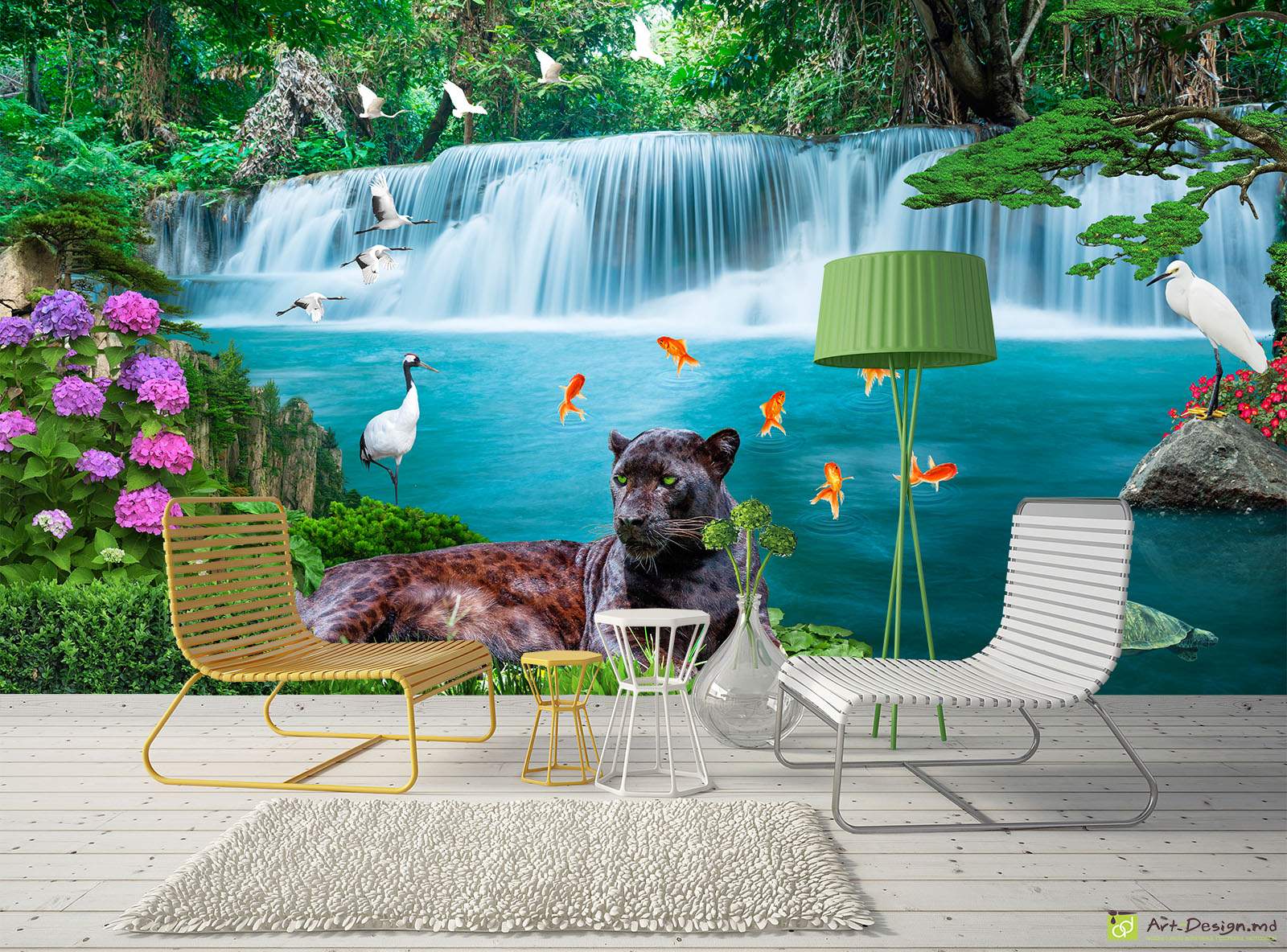 Фотообои на стену - Пантера и Водопад