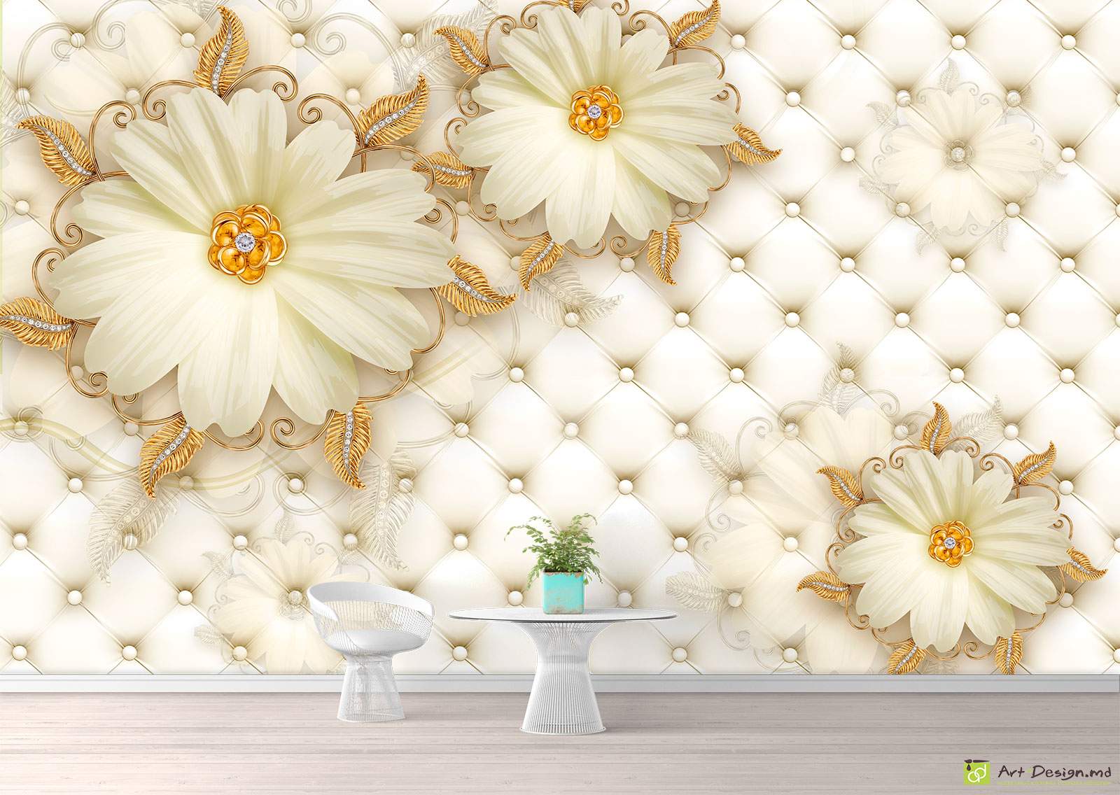 Fototapet cu efect 3D - Flori de mușețel pe fundalul unei piele