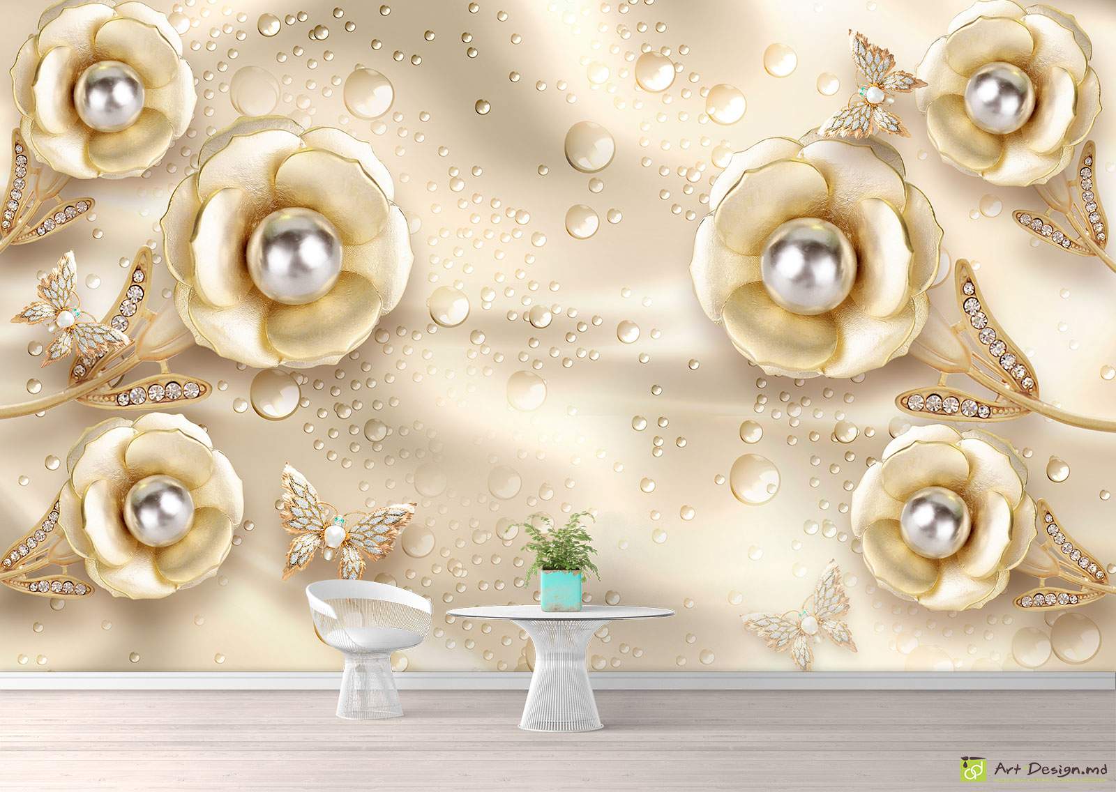 Fototapet cu efect 3D - Flori de aur pe mătasă