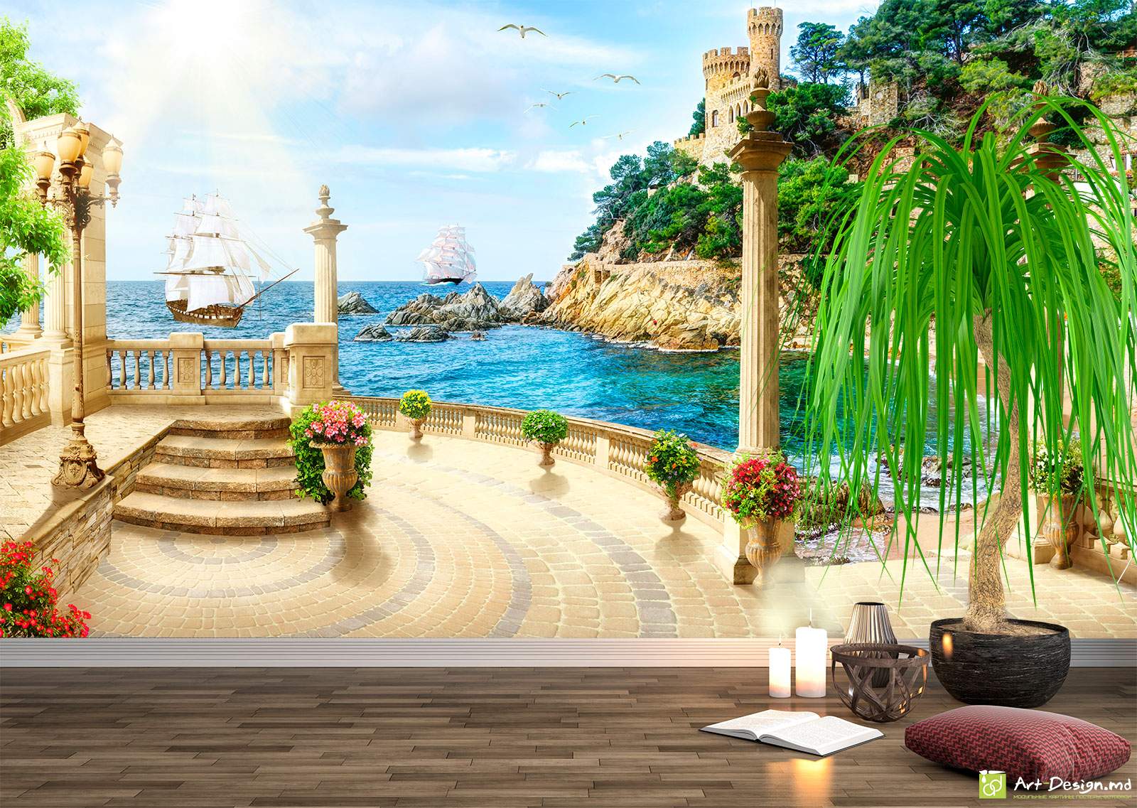 Fototapet la comanda - Terasa castelului cu vedere la mare