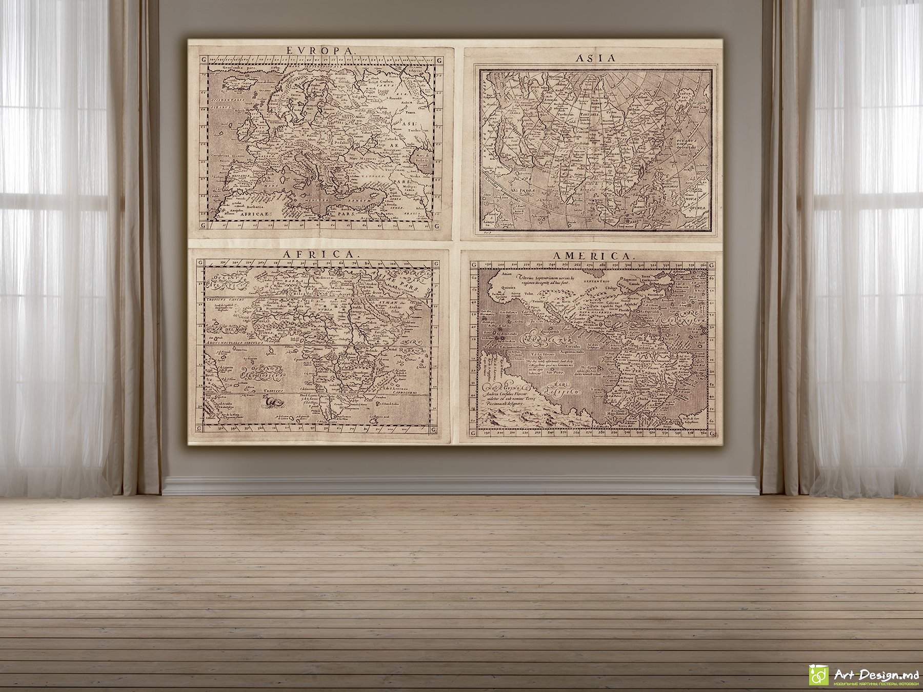 Poster, Harta veche ale continentelor pe pinza