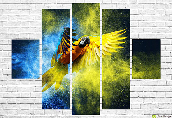 🦜 Модульная картина Полет попугая в золотых искрах