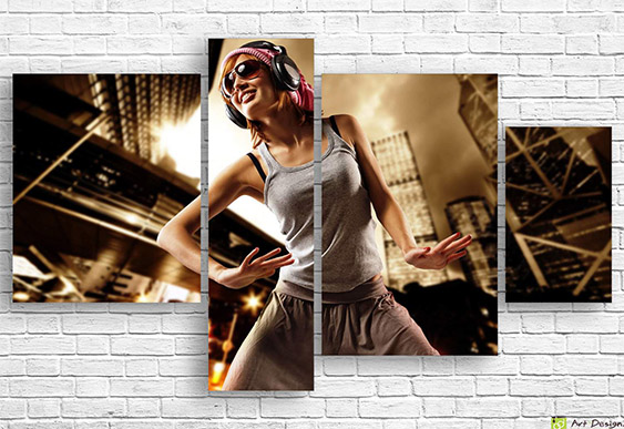 🎧 Tablou modular Fată în căști dansează pe muzica orașului