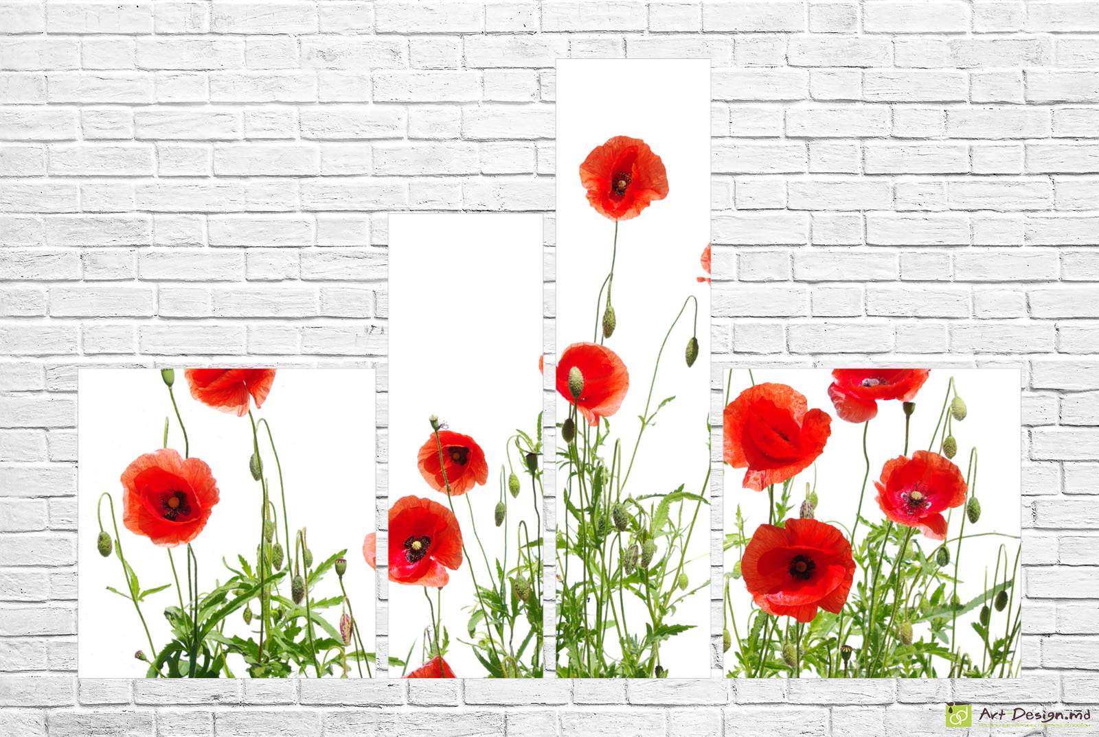 🌺 Tablou modular: Maci roșii aprinși pe fundal alb