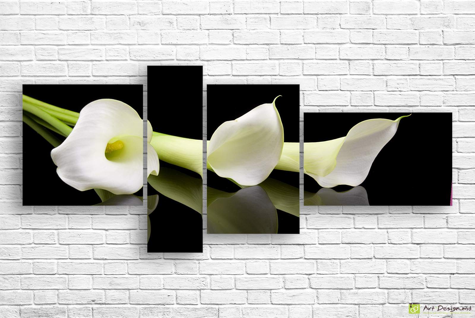 🌿 Tablou modular: Cale albe elegante pe fundal negru