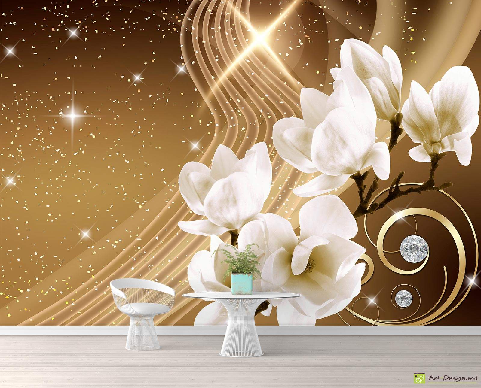 Фотообои на стену - Магнолия и бриллианты на темном фоне