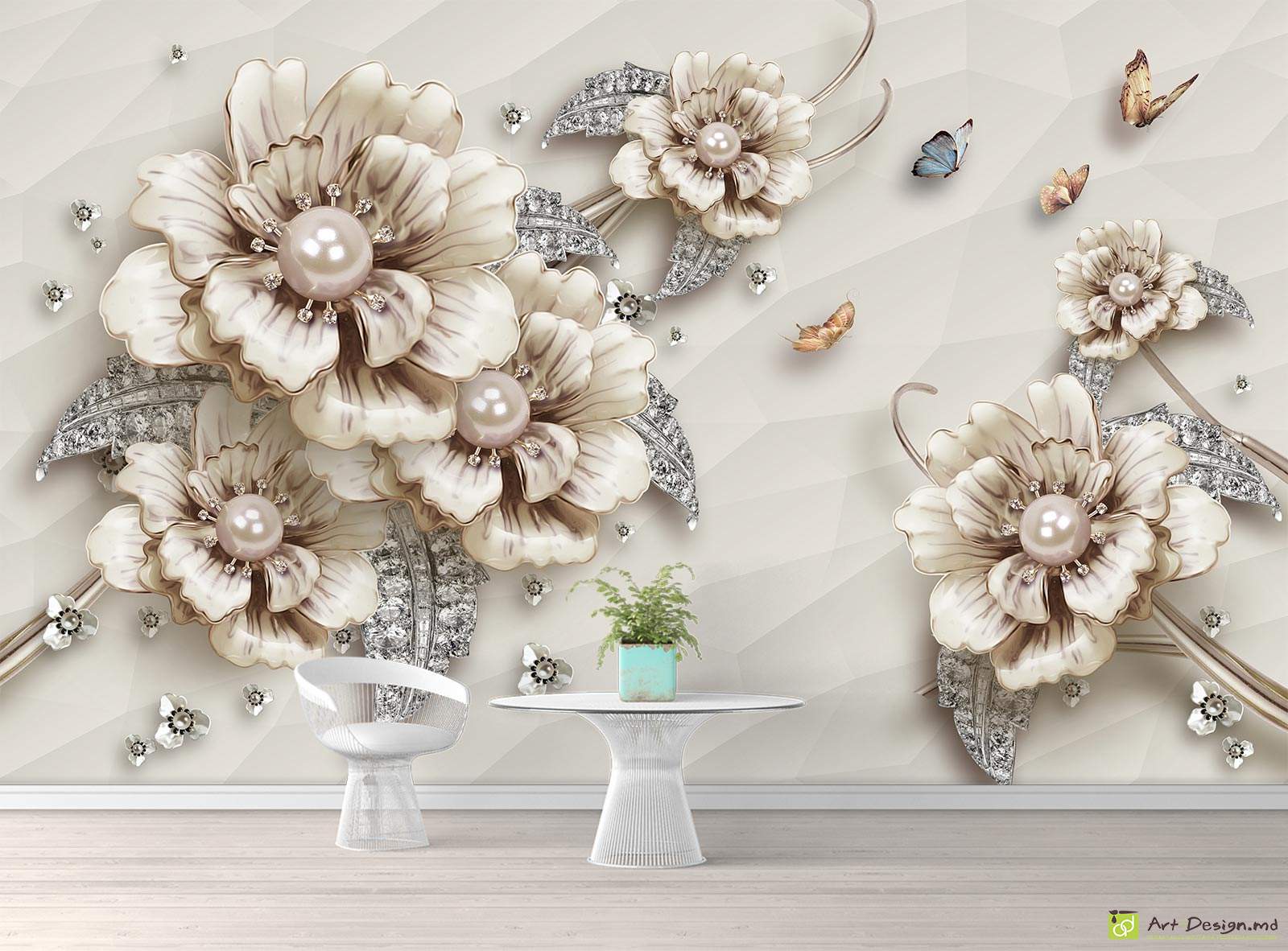 Фотообои на стену - цветы с бабочками на светлом фоне_2