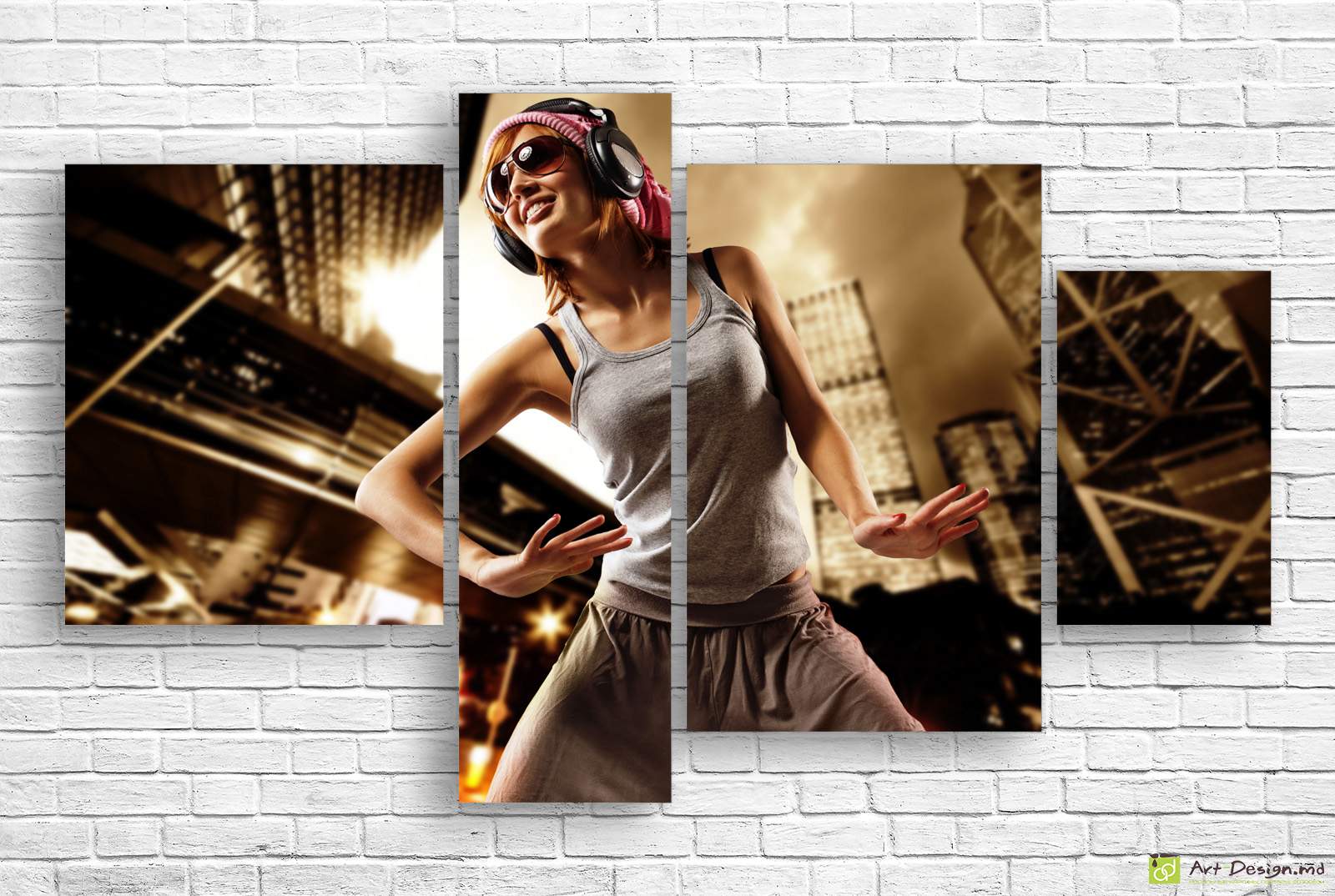 🎧 Tablou modular Fată în căști dansează pe muzica orașului