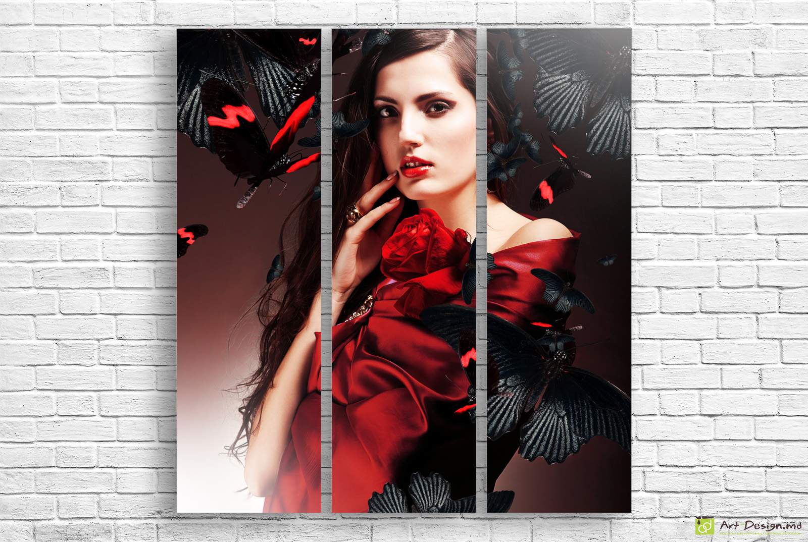 🦋 Модульная картина «Красная роза и бабочки»