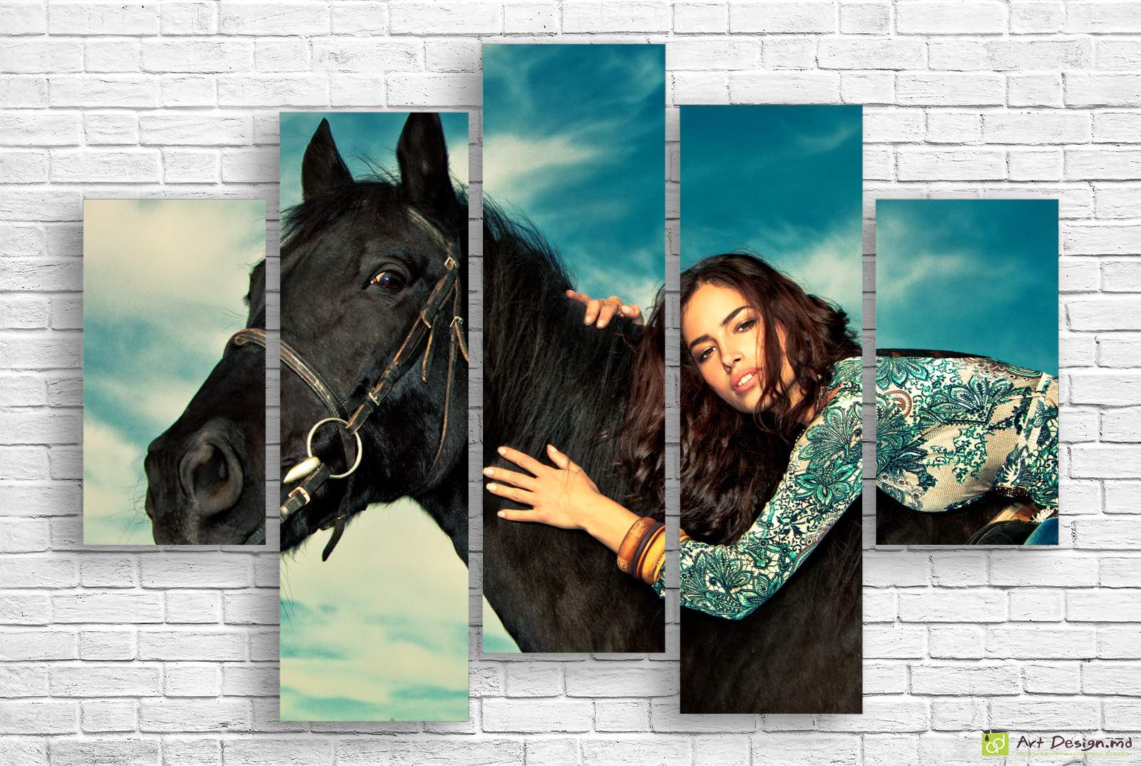 🐎 Модульная картина Девушка и черная лошадь на фоне неба