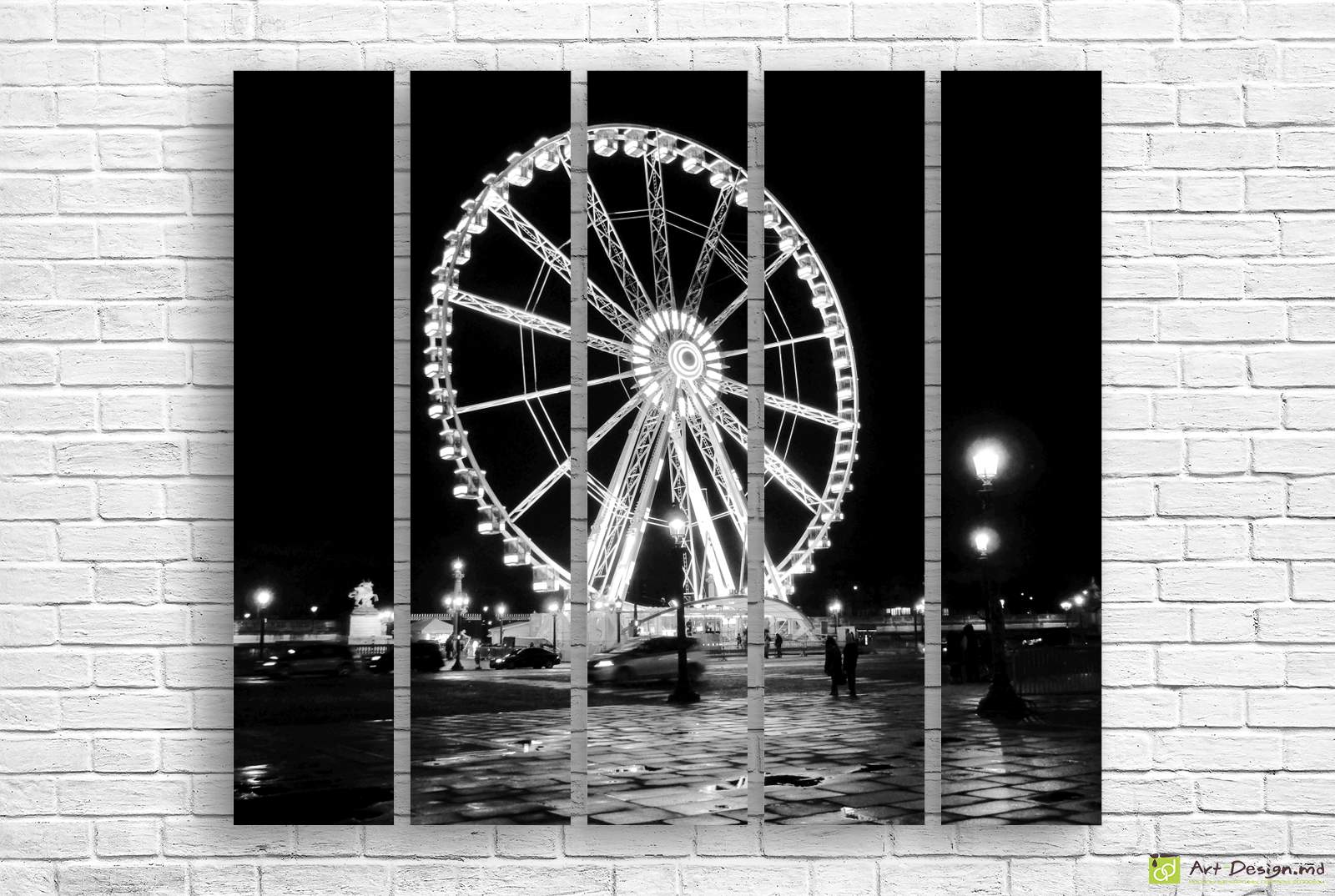 🎡 Tablou modular „Roata panoramică nocturnă alb-negru”