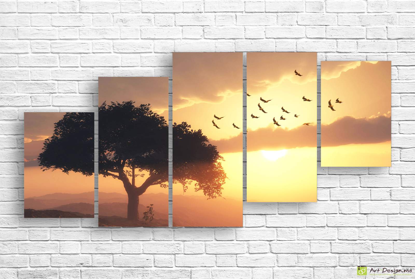 🌅 Tablou modular Zborul pasarilor peste copac la apus