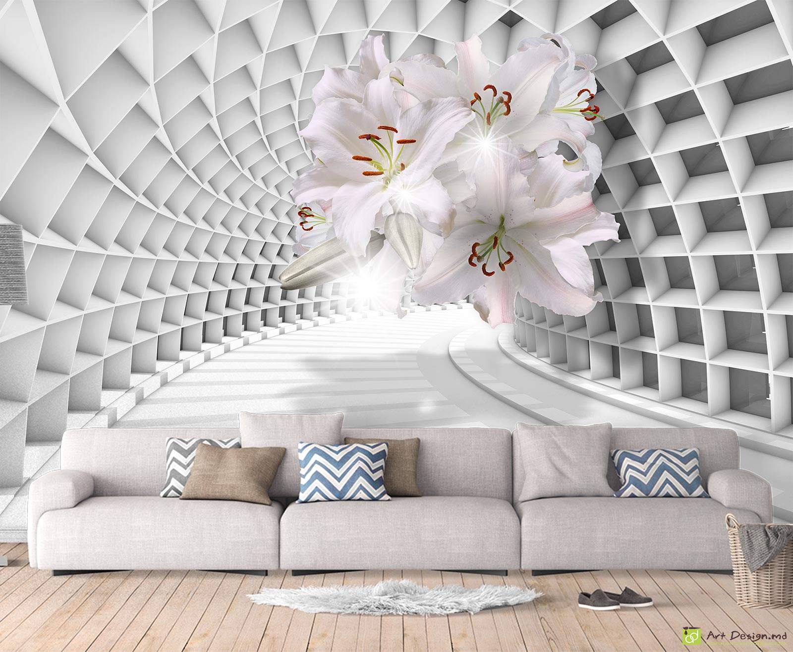 Fototapet cu efect 3D - Crini în tunelul 3D