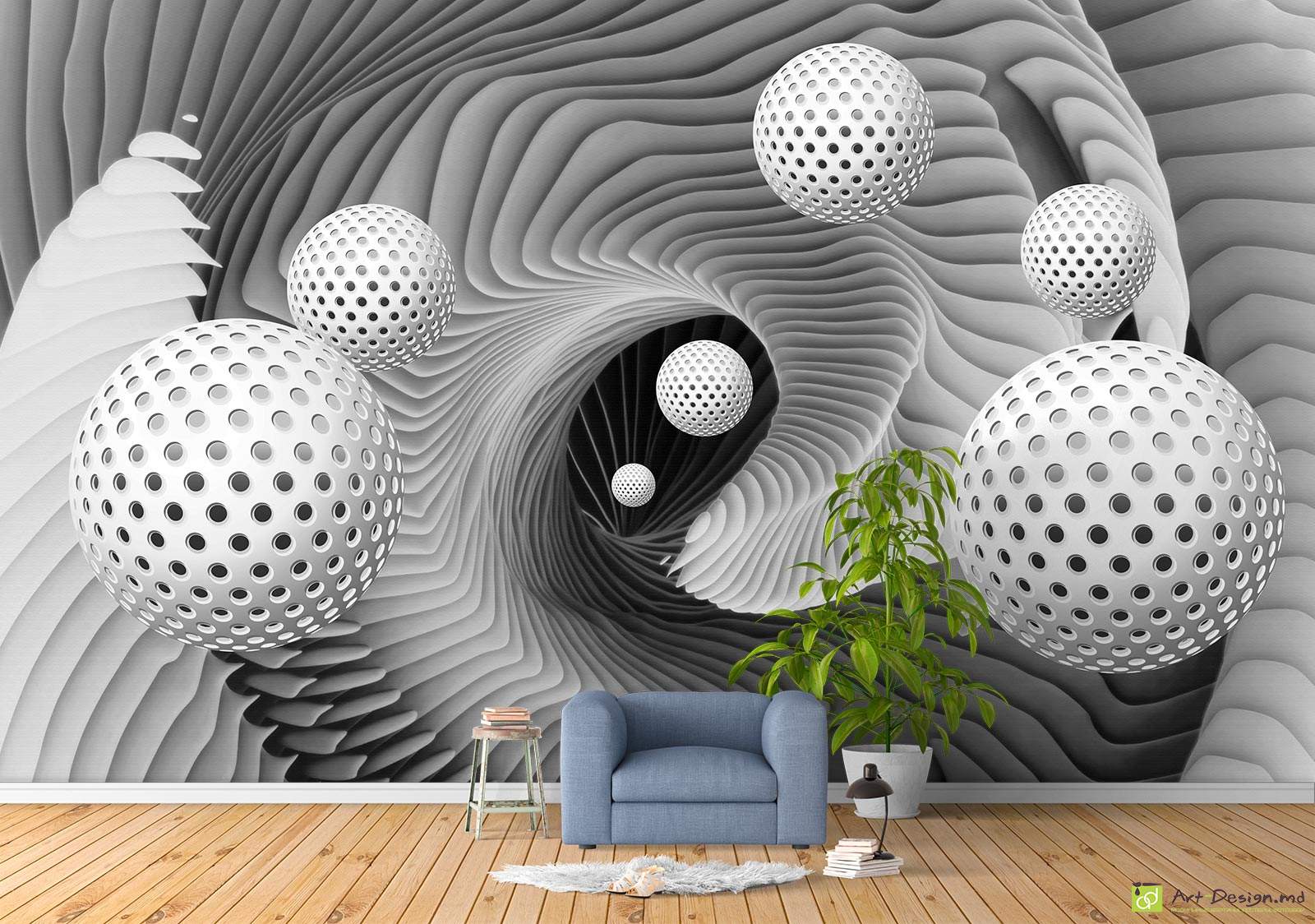 Фотообои с 3D эффектом - Шары и черно-белый туннель