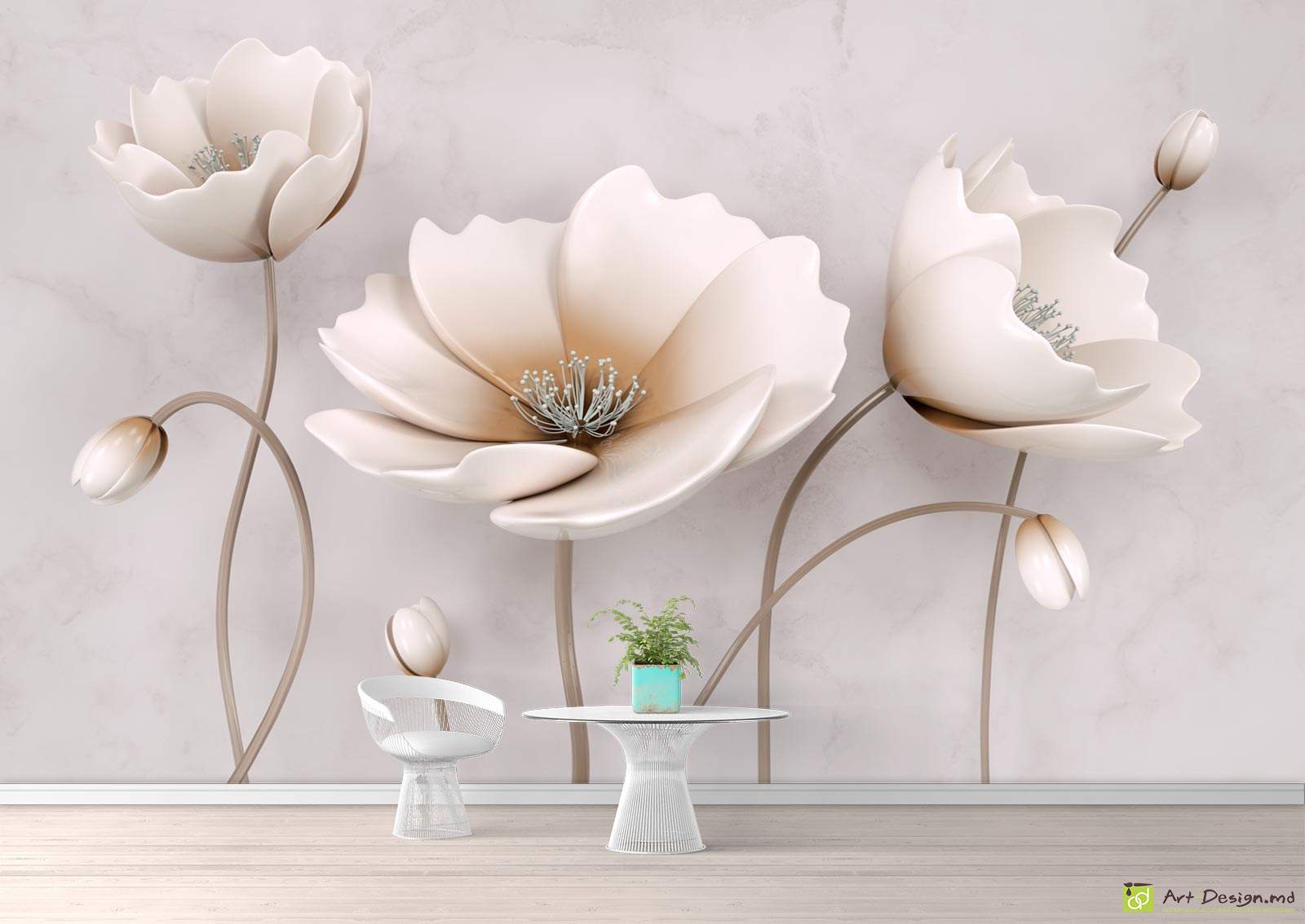 Фотообои с 3D эффектом - Цветы c 3D эффектом на светлом фоне