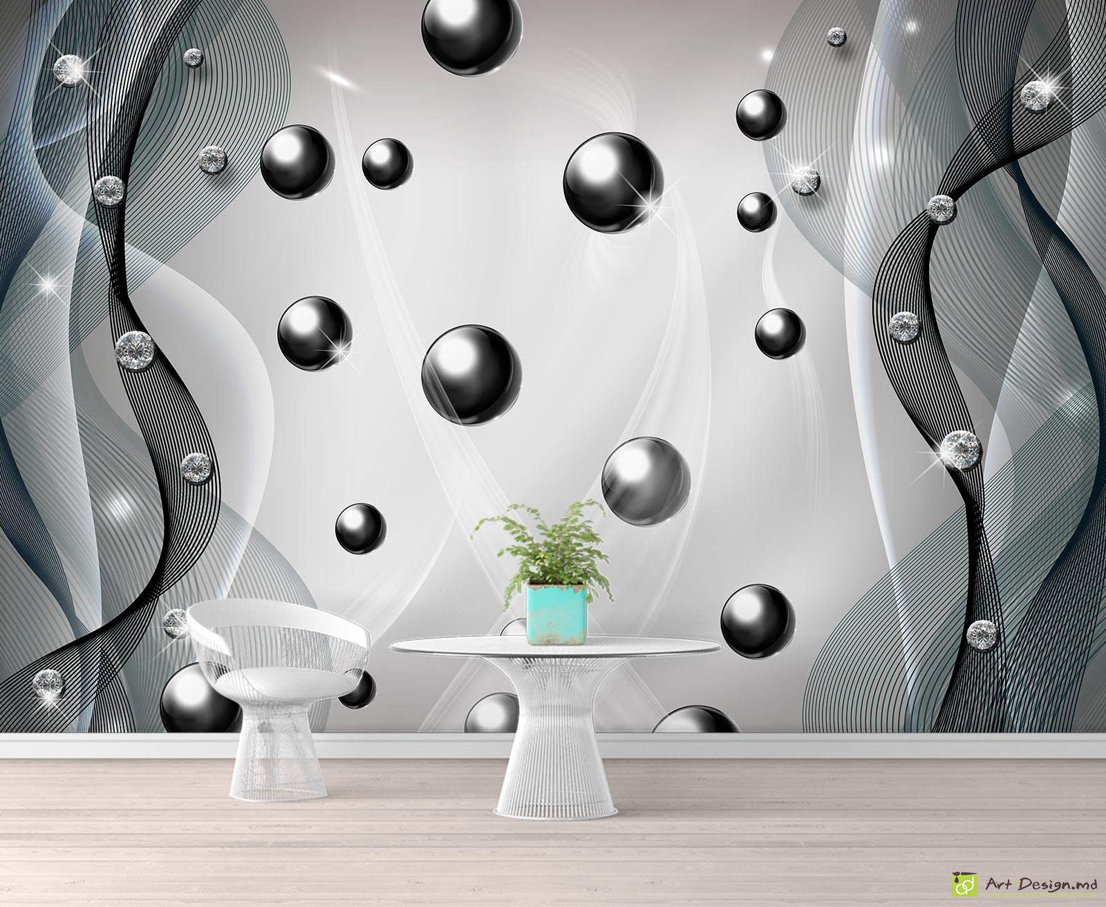 Фотообои с 3D эффектом - Черные шары на волнистом фоне