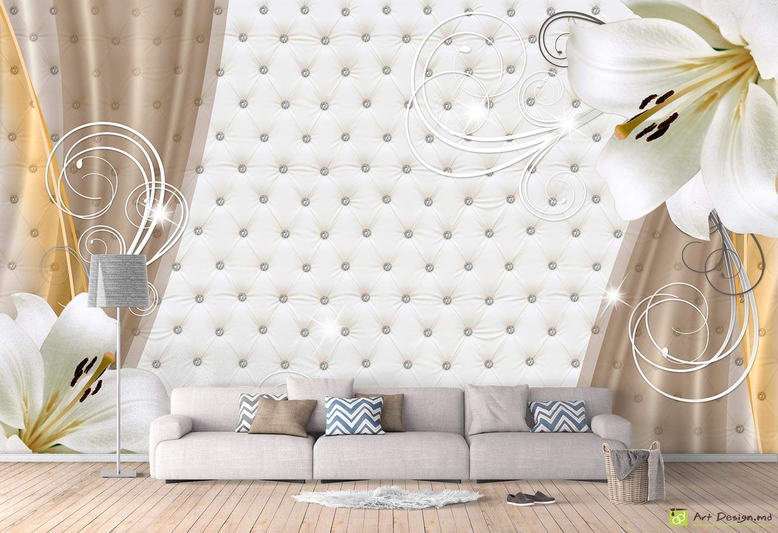 Fototapet cu efect 3D - Crini pe fundal deschis cu bucle