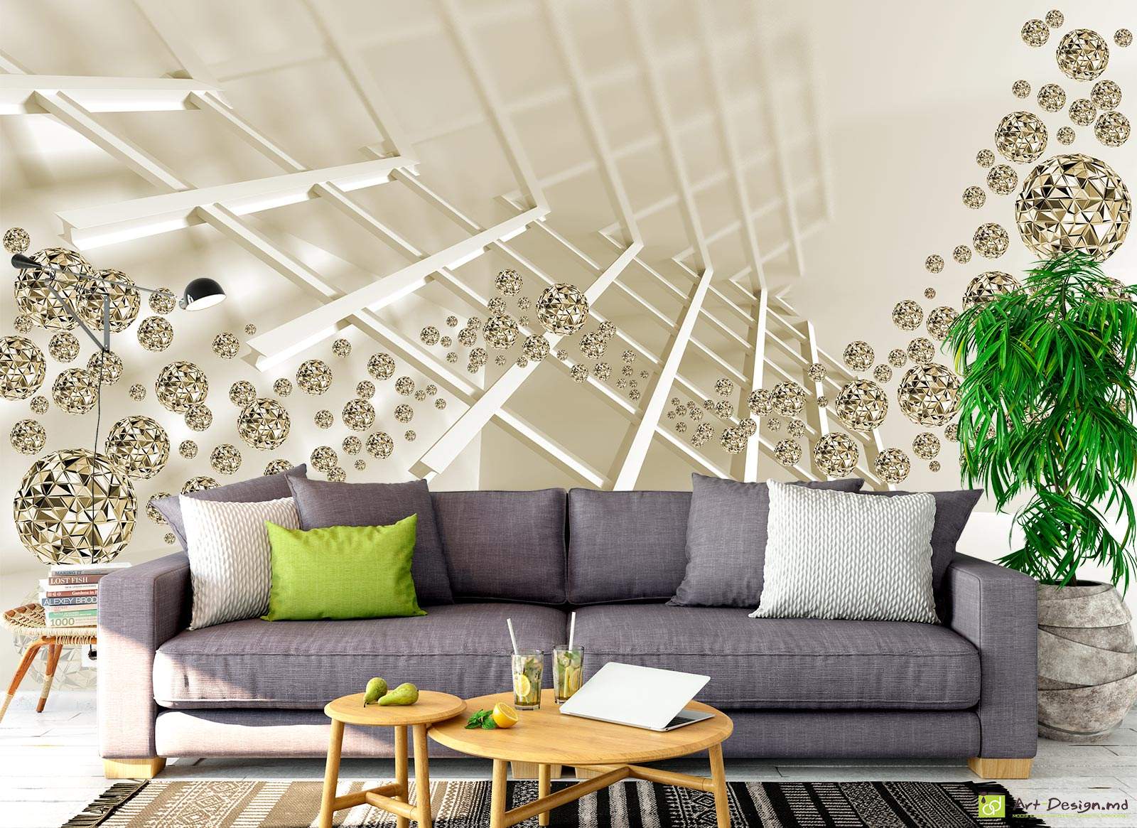 Фотообои с 3D эффектом - Туннель и золотые шары