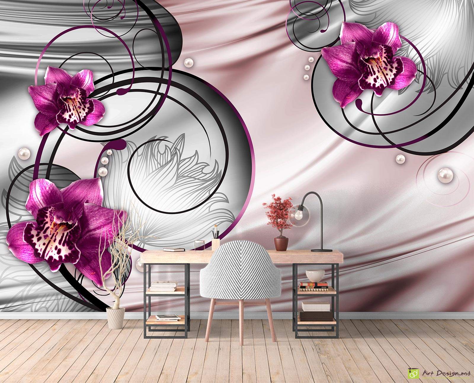 Фотообои на стену - Фиолетовая орхидея на розовом фоне