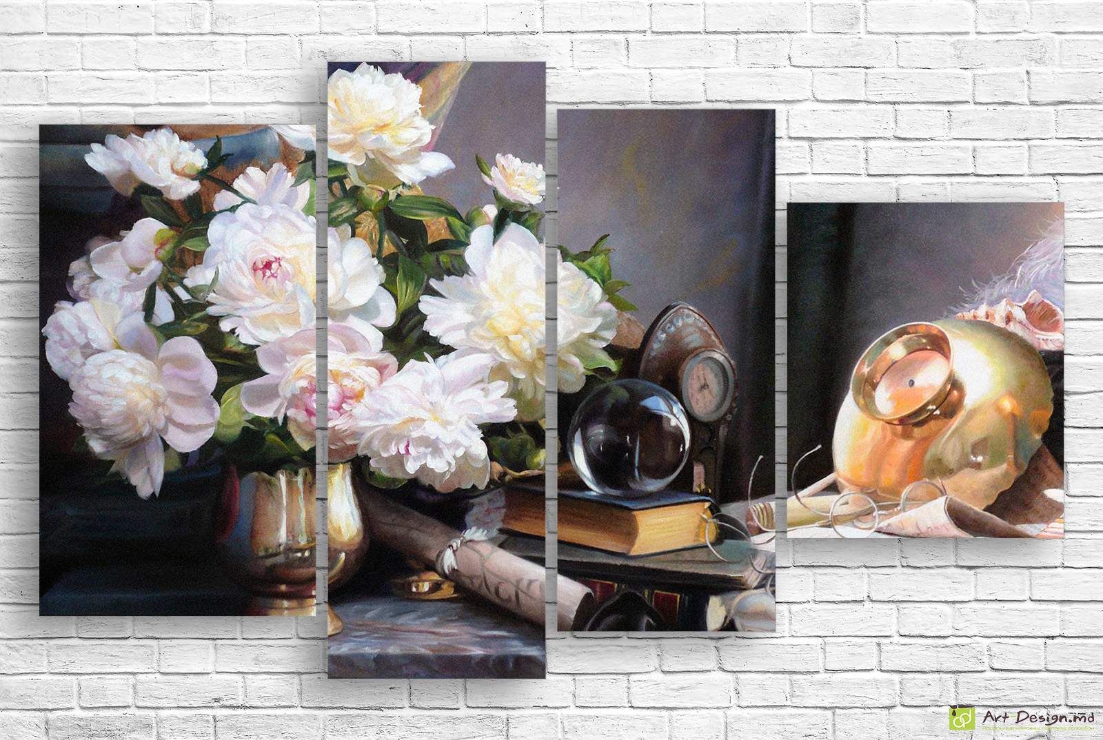 Tablou modular bujori și natură statică vintage