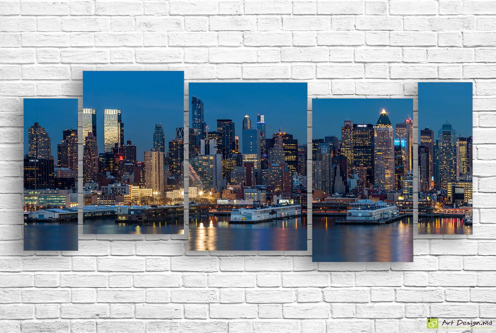 🌃 Tablou modular „New York nocturn pe malul apei”