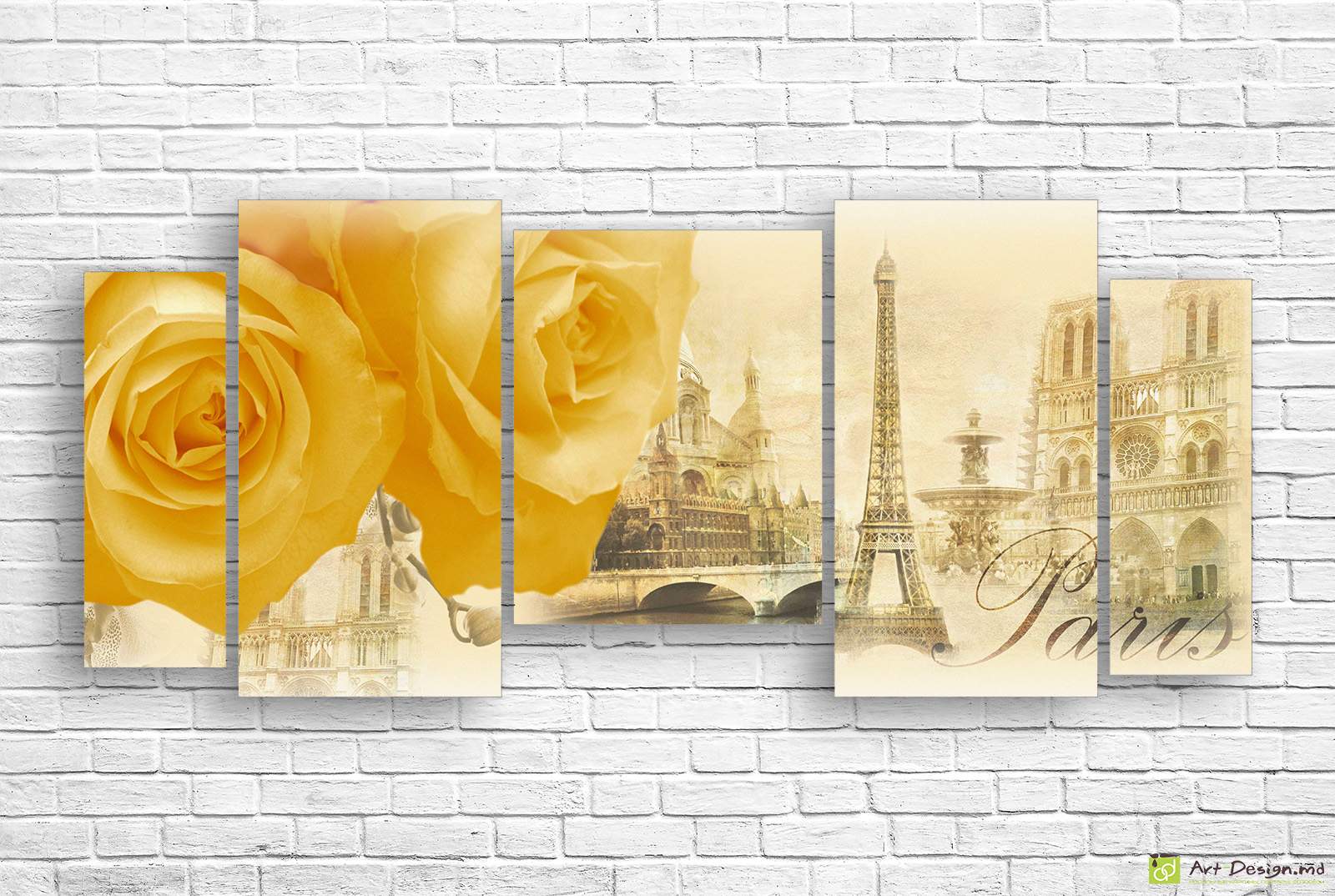 Tablou modular Paris și trandafiri galbeni