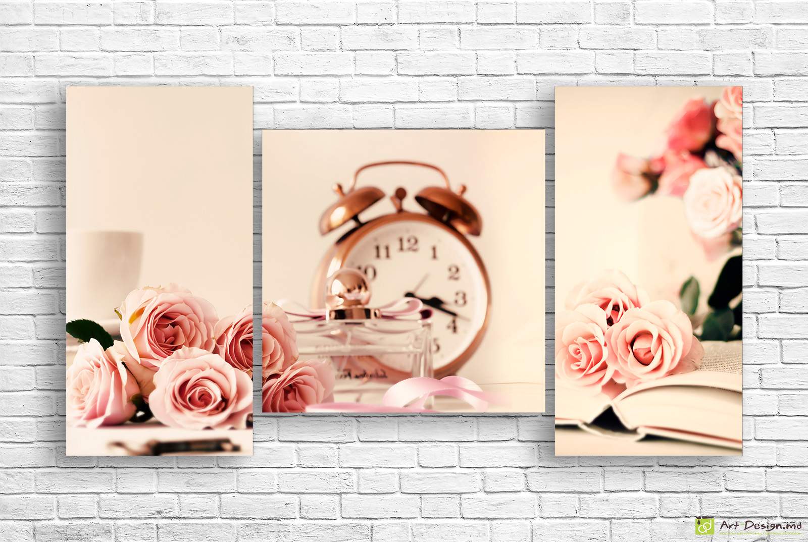 Tablou modular cu trandafiri si ceas