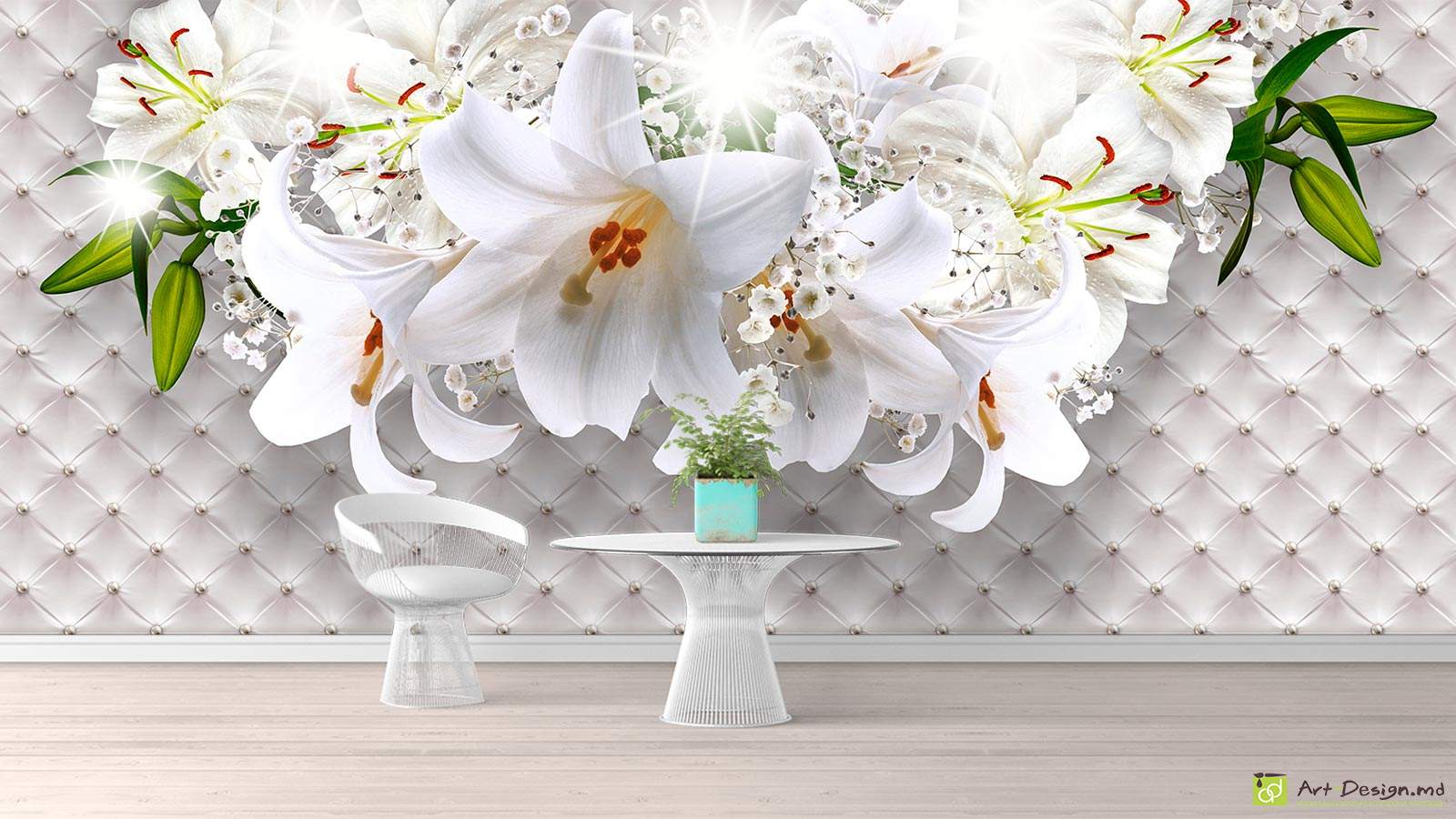 Fototapet cu efect 3D - Crini și imitație pielii