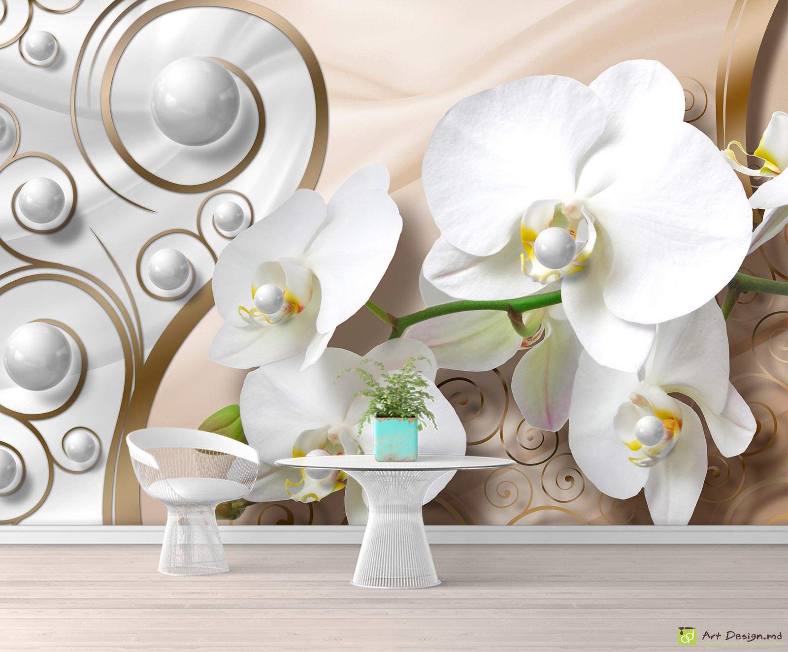 Fototapet la comanda - Fundal deschis cu bile și orhidee