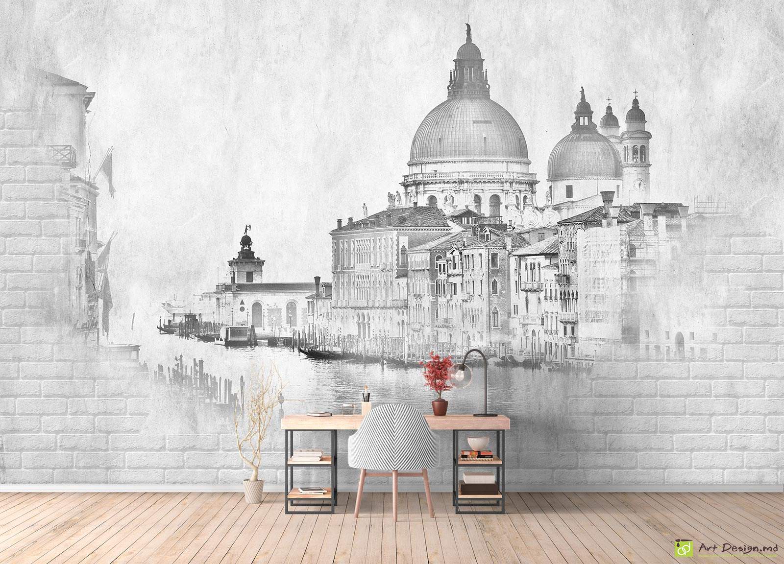 Фотообои на стену - Стена из кирпичей и город_2