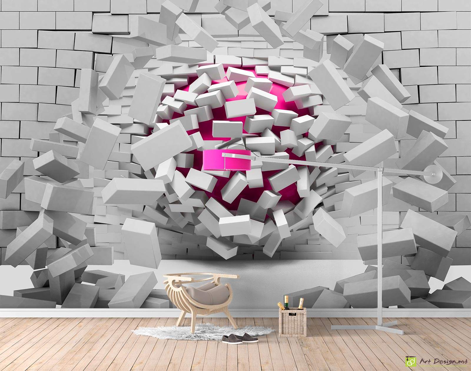 Fototapet cu efect 3D - Mingea 3D si perete spart