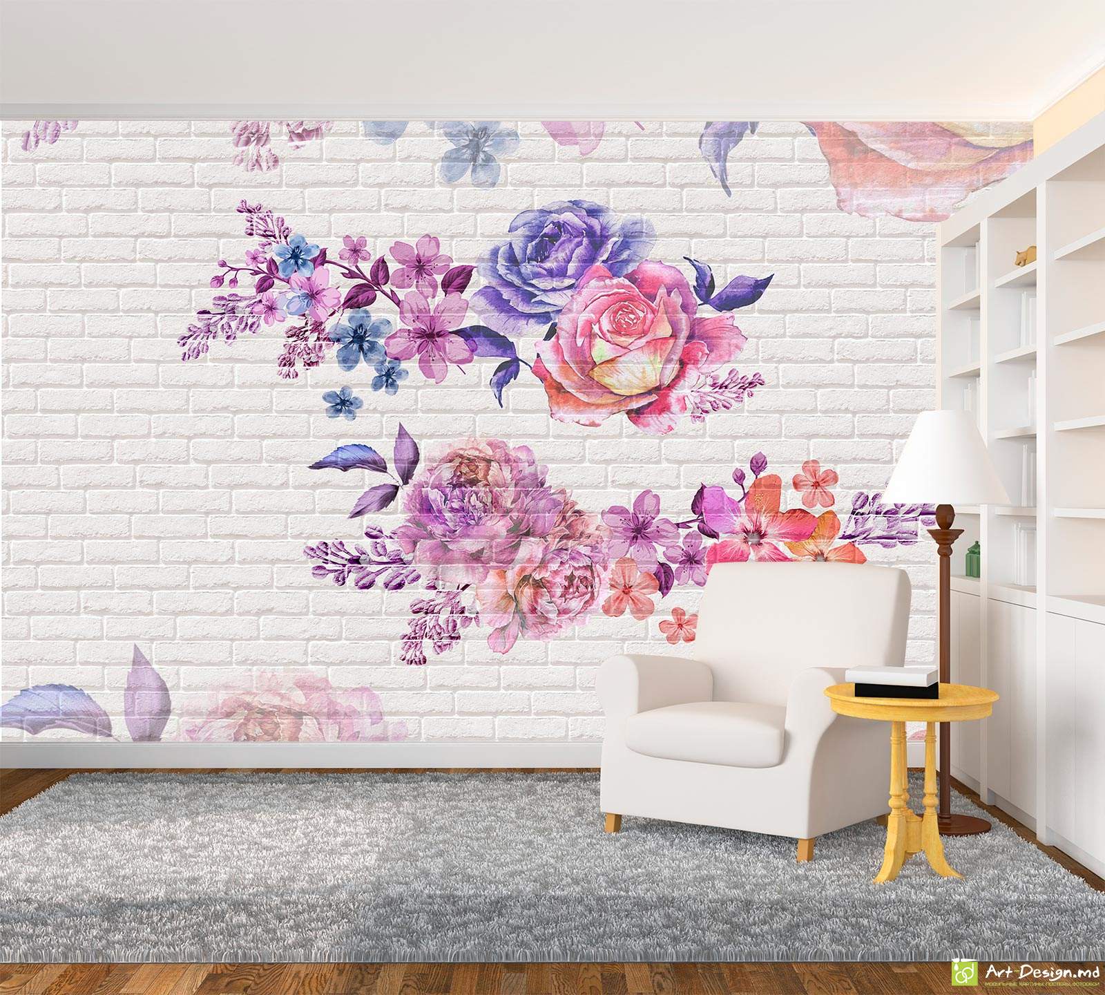 Fototapet la comanda - Flori în stil acuarelă pe fundal de cărămidă