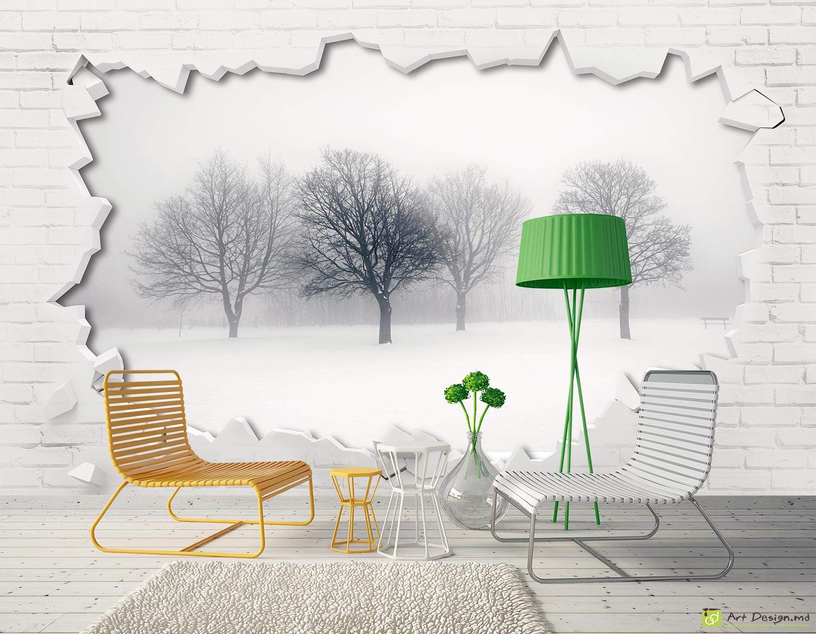 Фотообои на стену - Разбитая стена и зимний лес