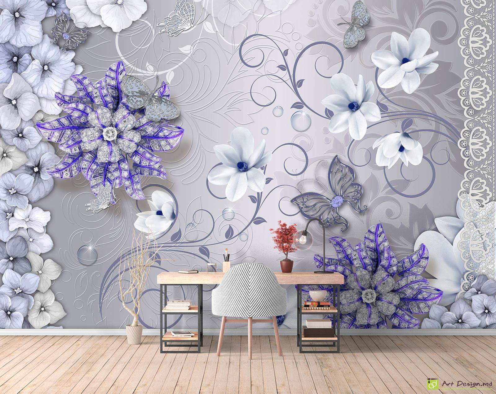 Фотообои на стену - цветы с бабочками на сером фоне