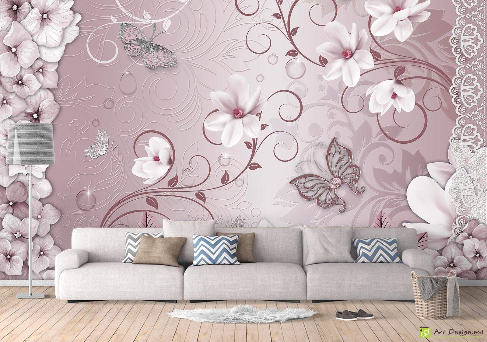 Fototapet la comanda - flori cu fluturi pe fond de liliac