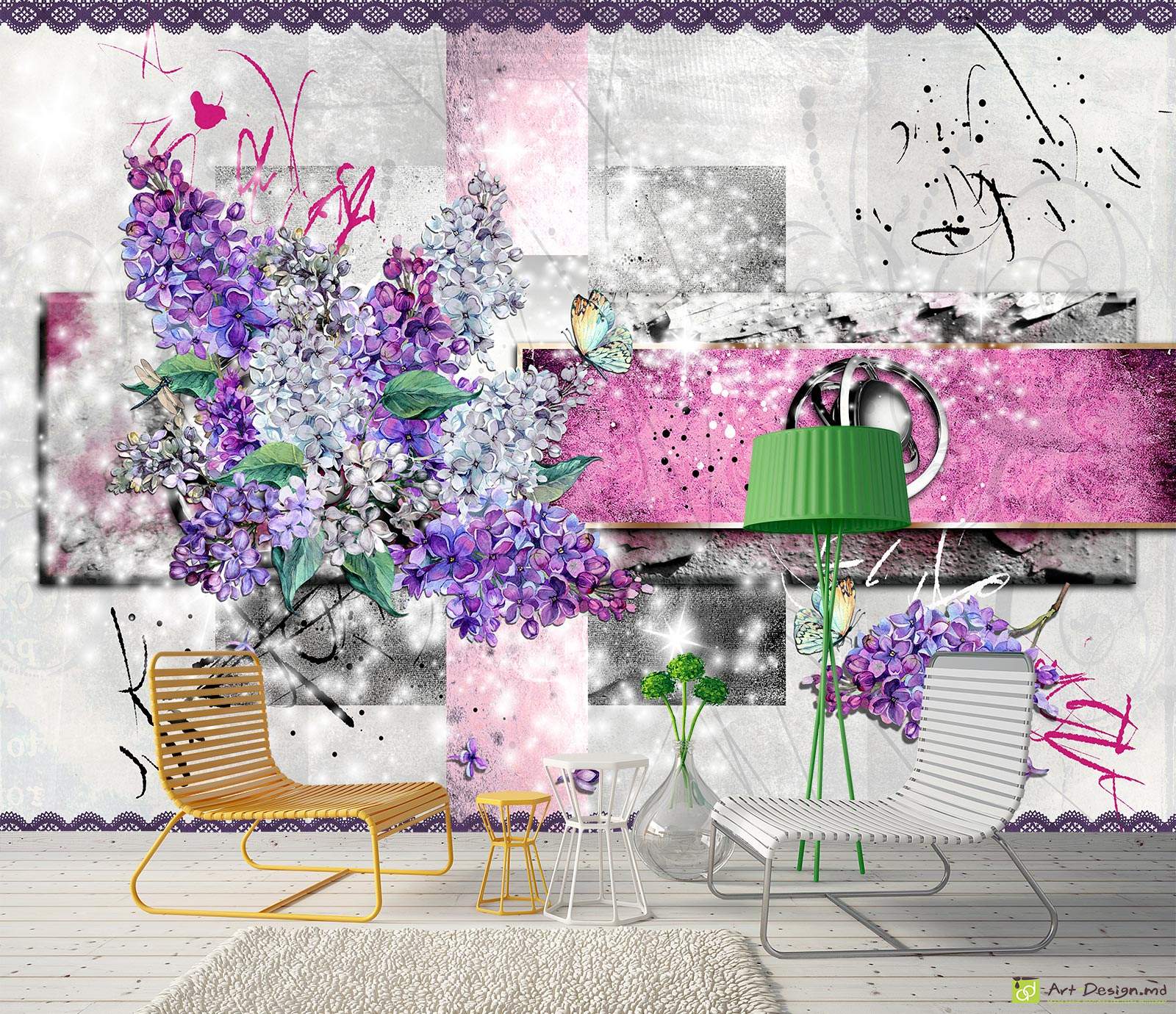 Fototapet la comanda - Liliac și fluturi pe un fond abstract