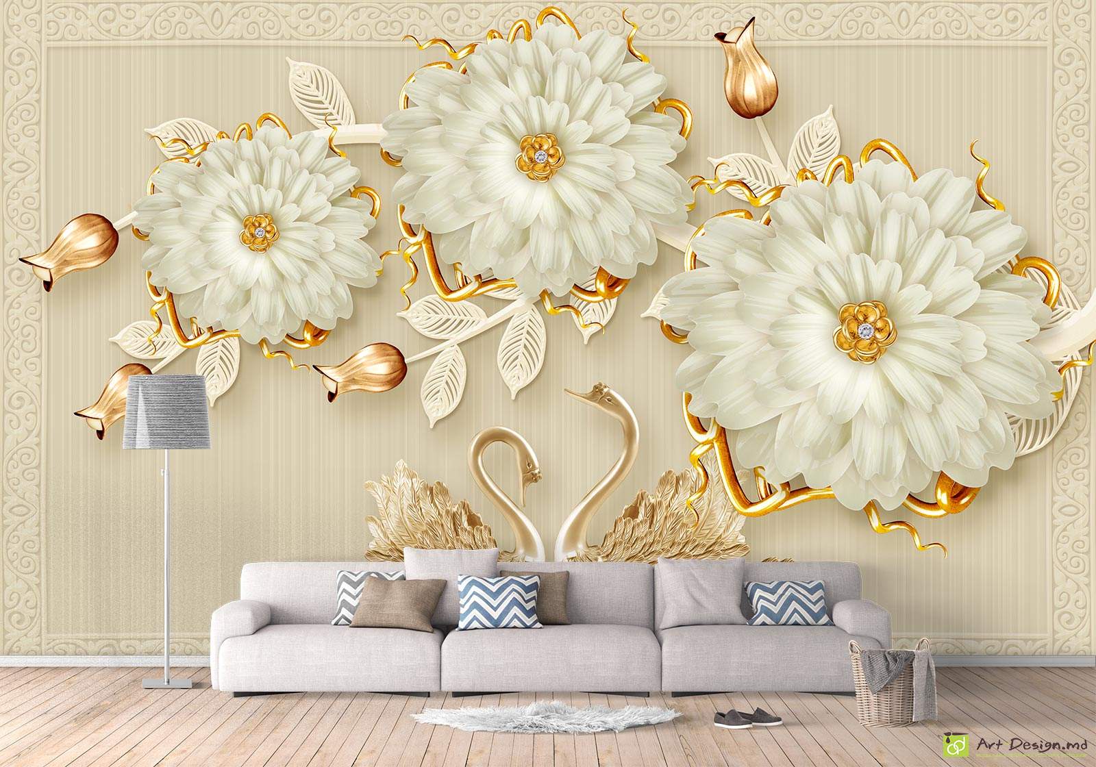 Fototapet la comanda - Flori și lebede de aur