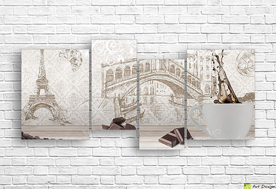 Модульная картина - Чашка кофе на фоне цветов