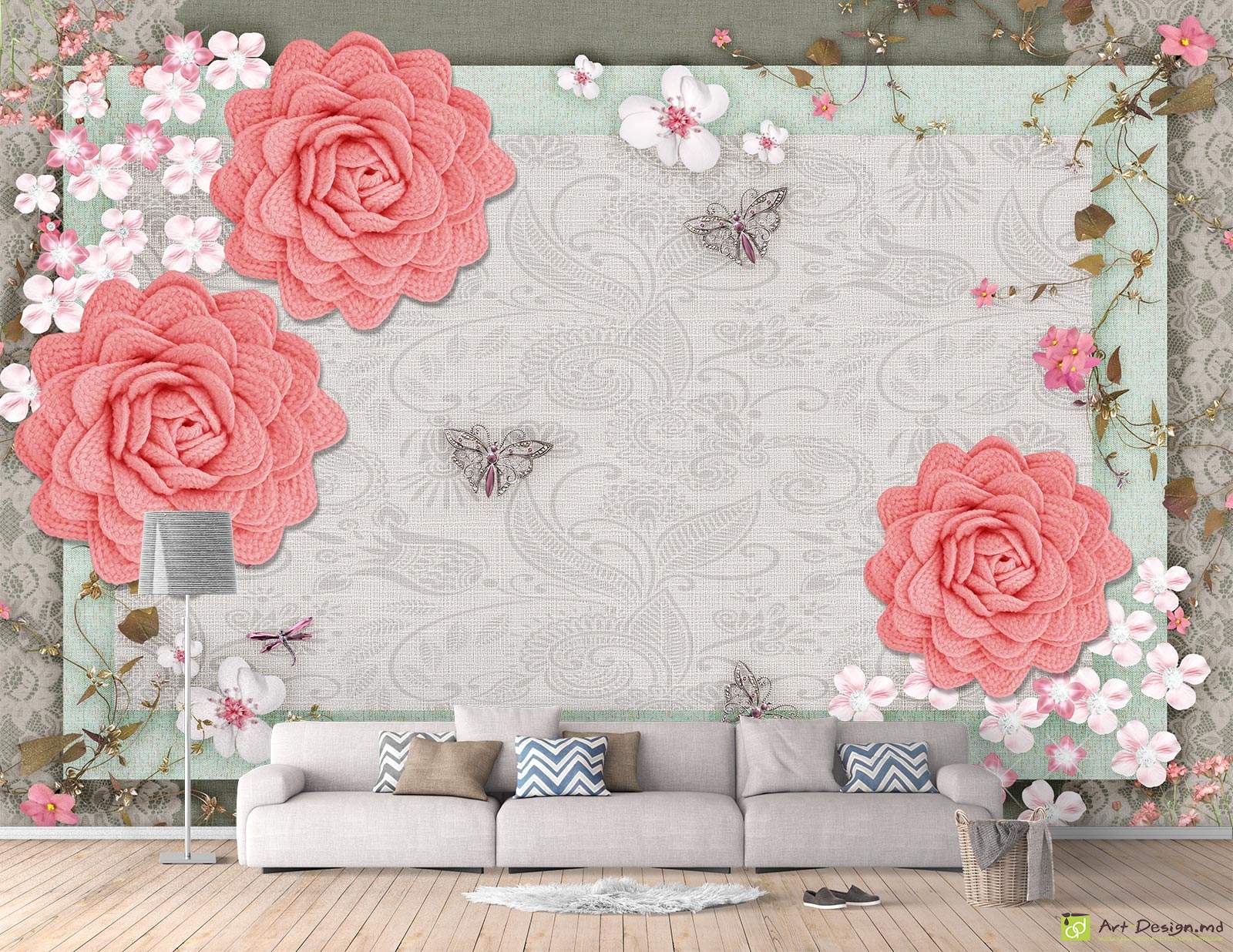 Фотообои на стену - Иллюстрация из цветов и бабочек