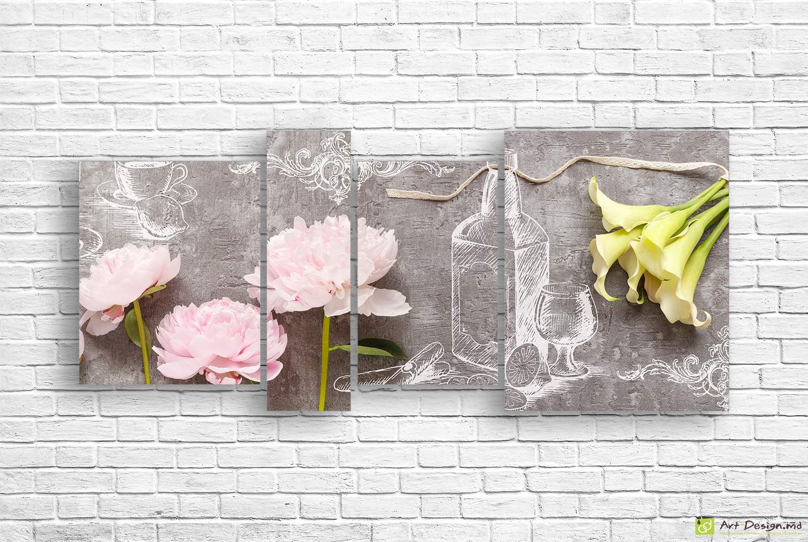🎨 Модульная картина: Пионы и каллы на винтажном фоне