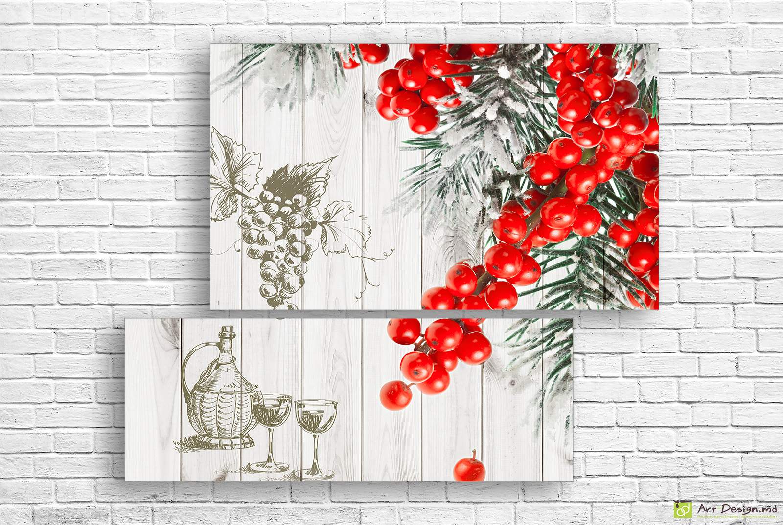 Модульная картина - Красная рябина на рисованном фоне