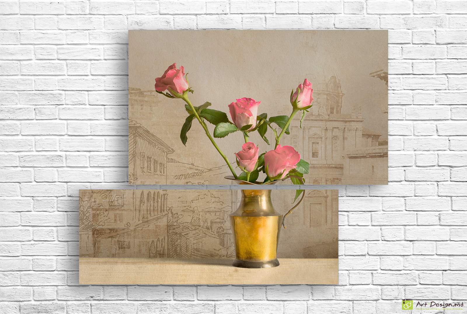 Модульная картина - Розовые розы на рисованном фоне