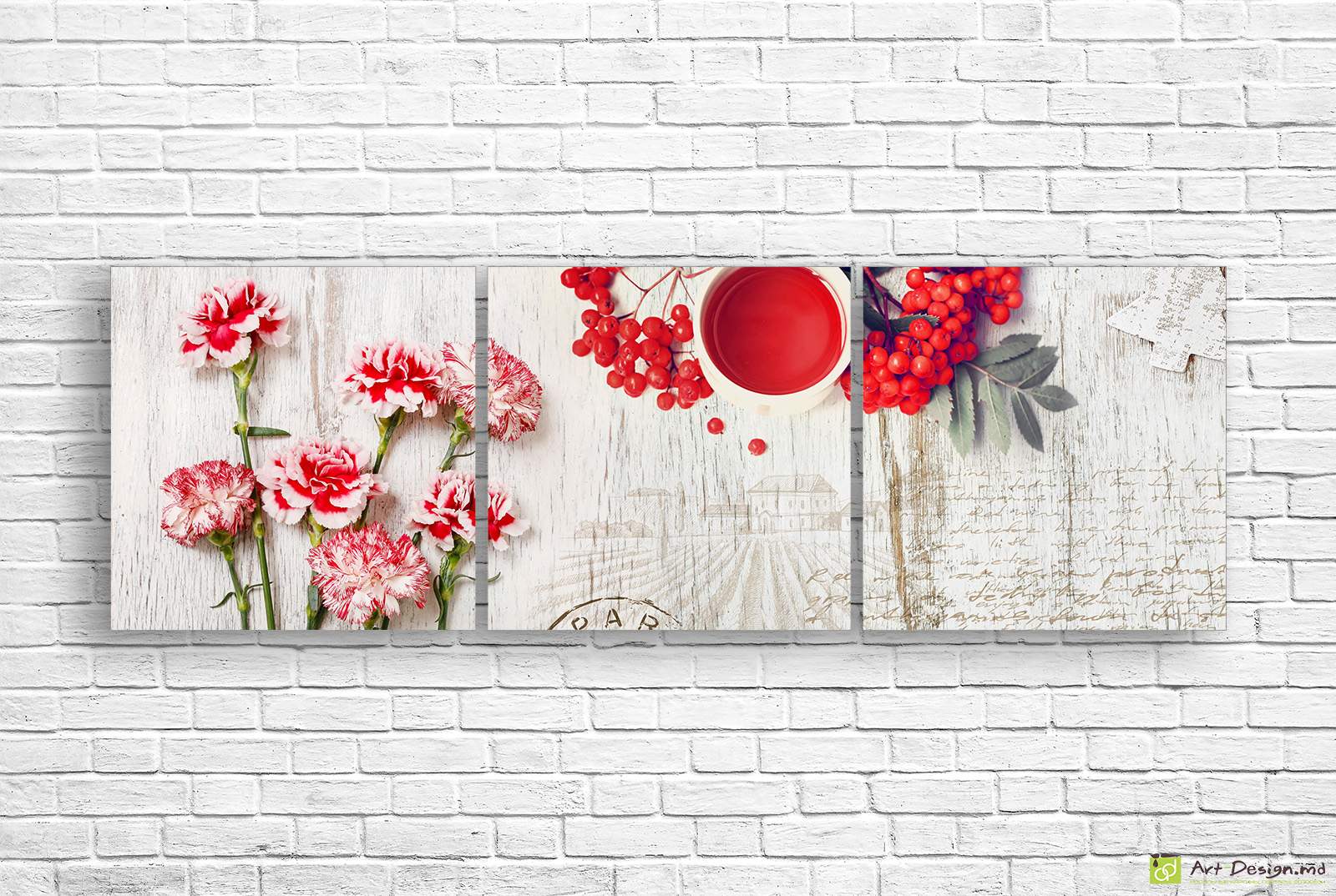 Модульная картина - Красные гвоздики и калина_3