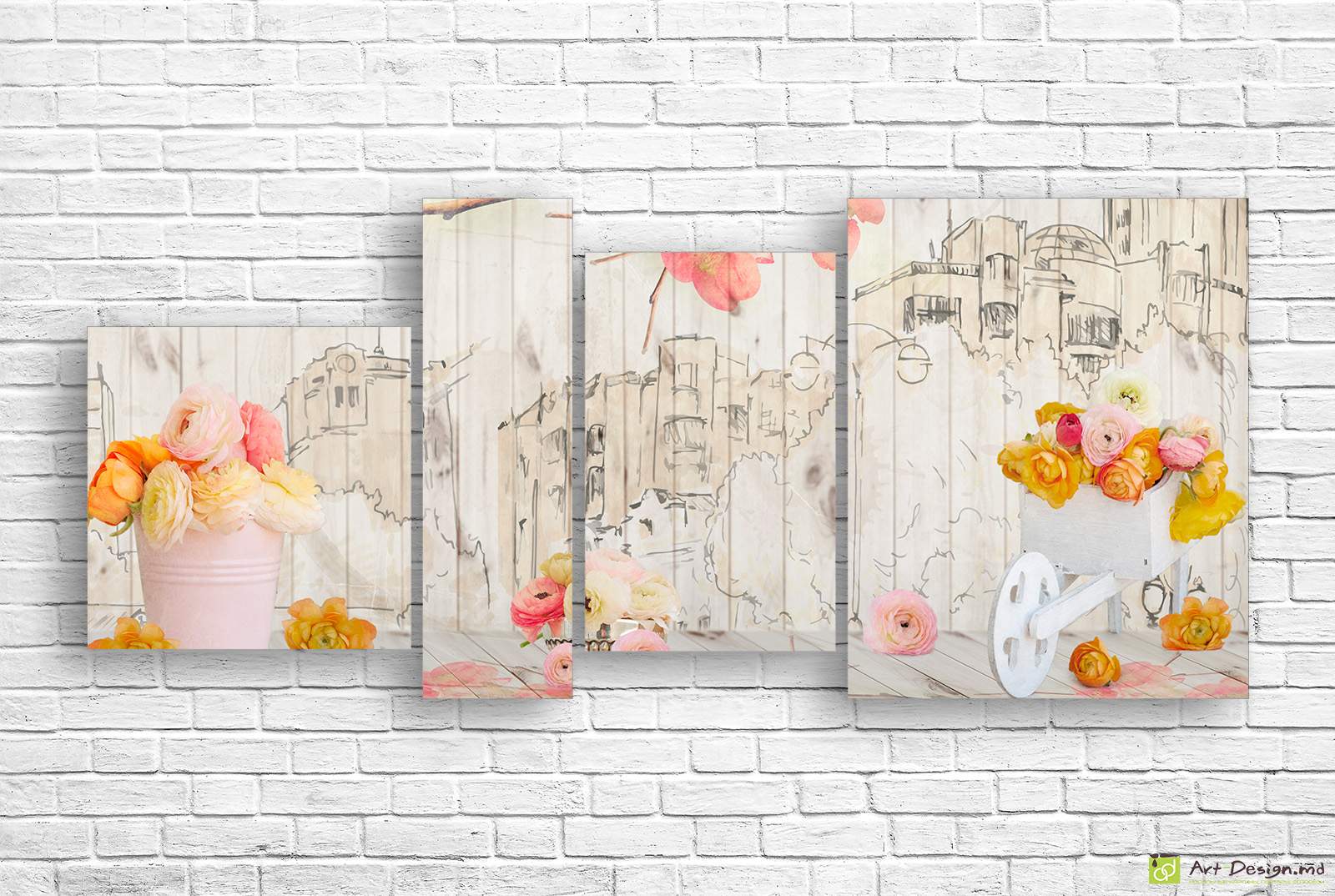 Tablou multicanvas - Bujori pe un fundal desen