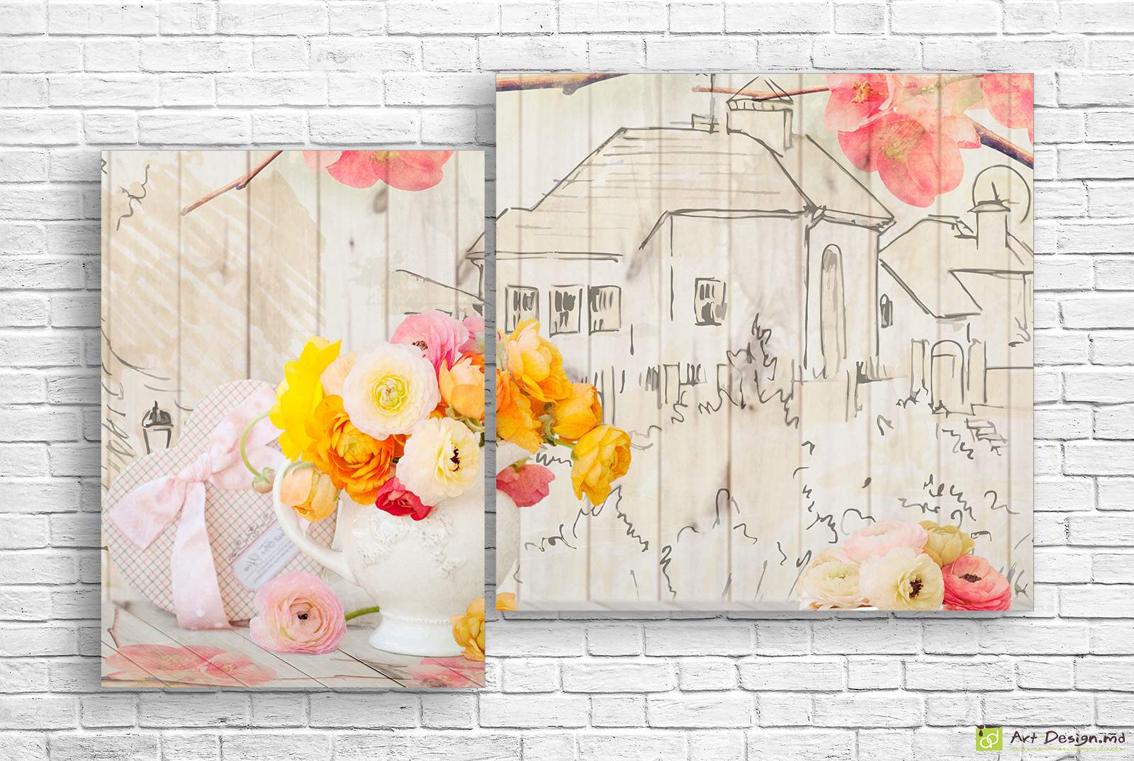 Модульная картина - Пионы на рисованном фоне_2