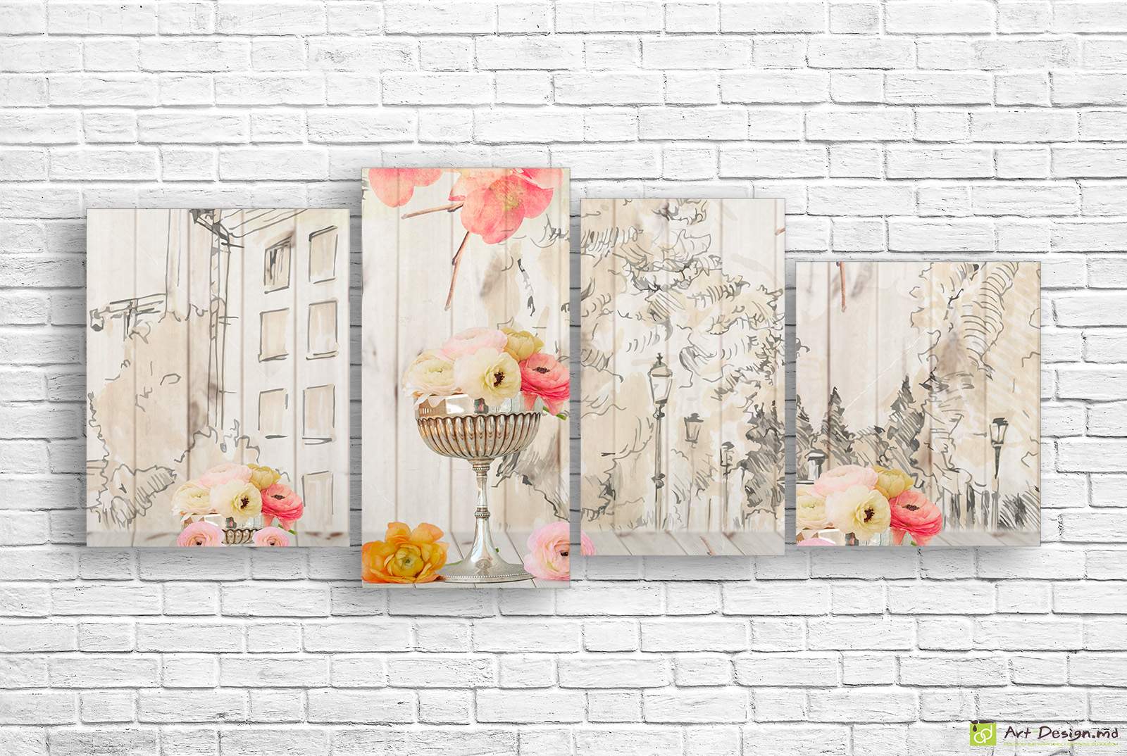 Модульная картина - Пионы на рисованном фоне_3