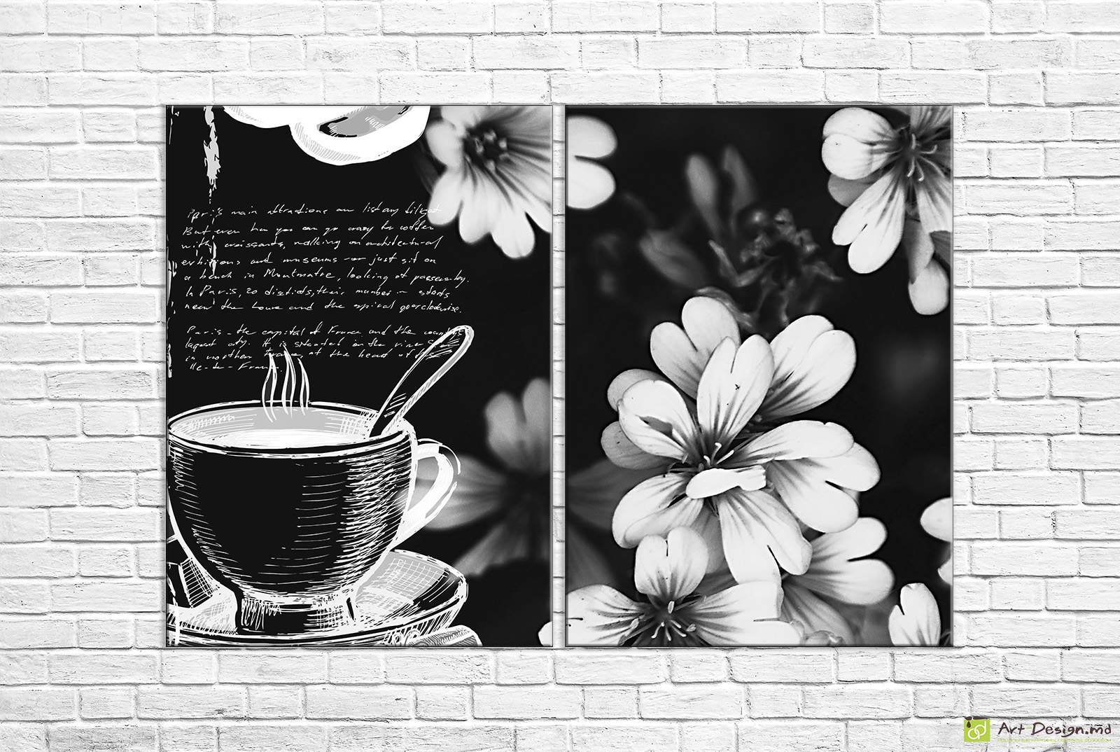 Модульная картина - Чай и цветы на черном фоне